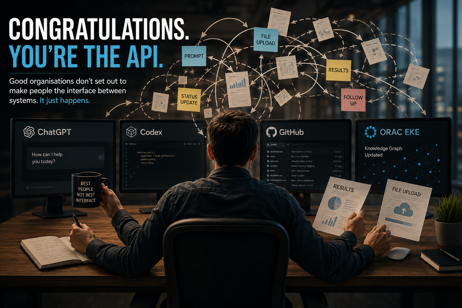 Editorial illustration representing "Prompt Ferrying", where a person manually carries information between AI tools and business systems instead of those systems working together automatically.